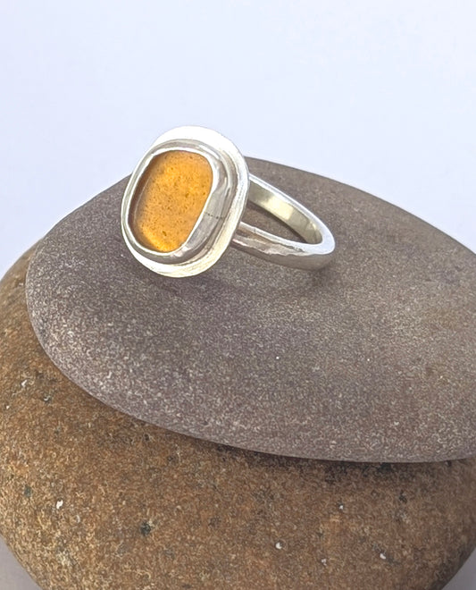 SOLD-Amber Colour Sea Glass & Sterling Silver Ring