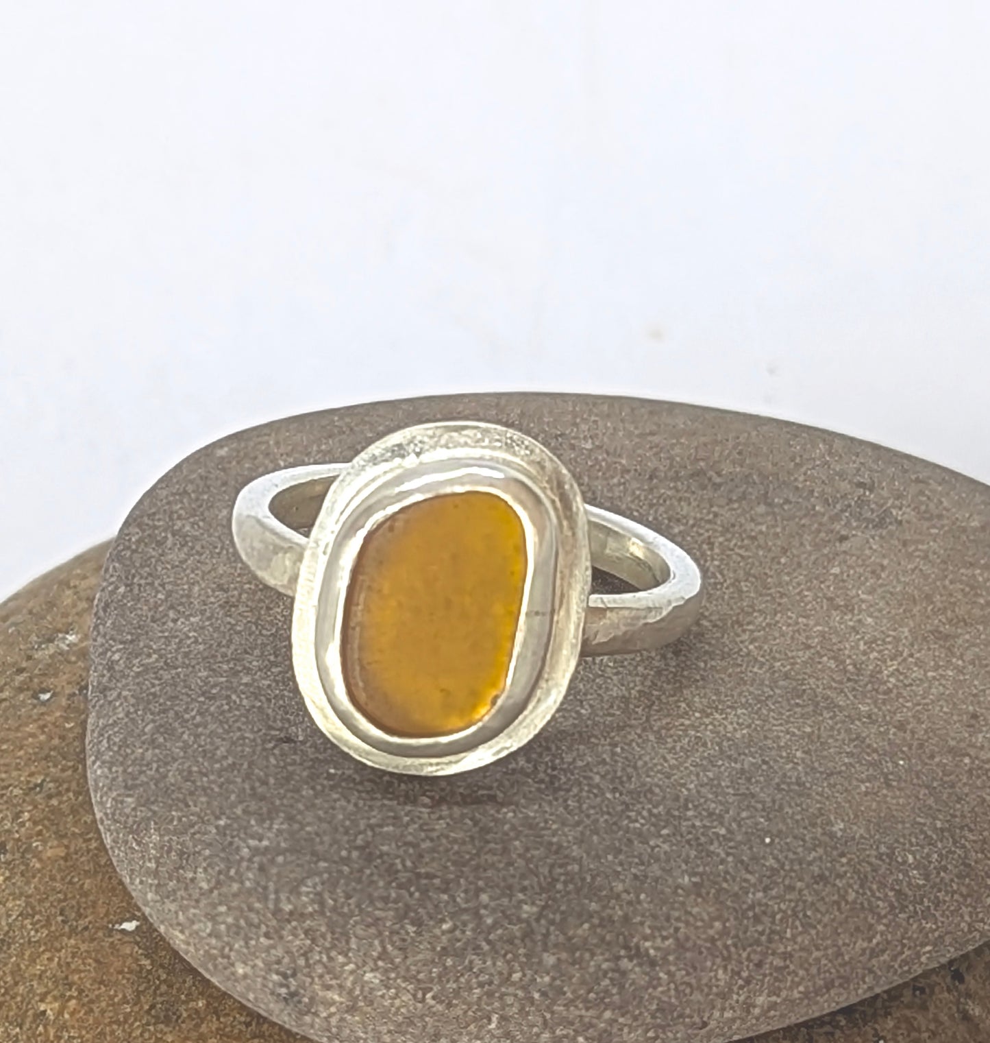 SOLD-Amber Colour Sea Glass & Sterling Silver Ring